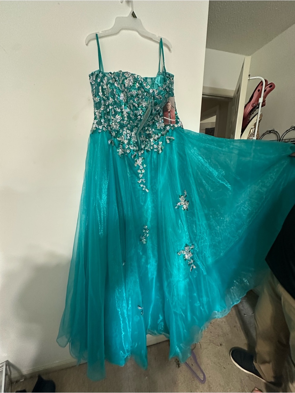 Strapless Teal Embellished Tulle Ball Gown
